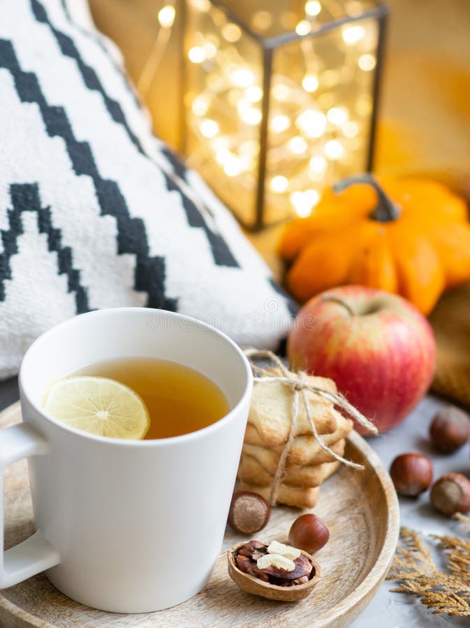 Tea Cup with Lemon Cookies Autumn Time Apple Pumpkin Toned Photo Knitting Orange Blanket Yellow Leaves Gray