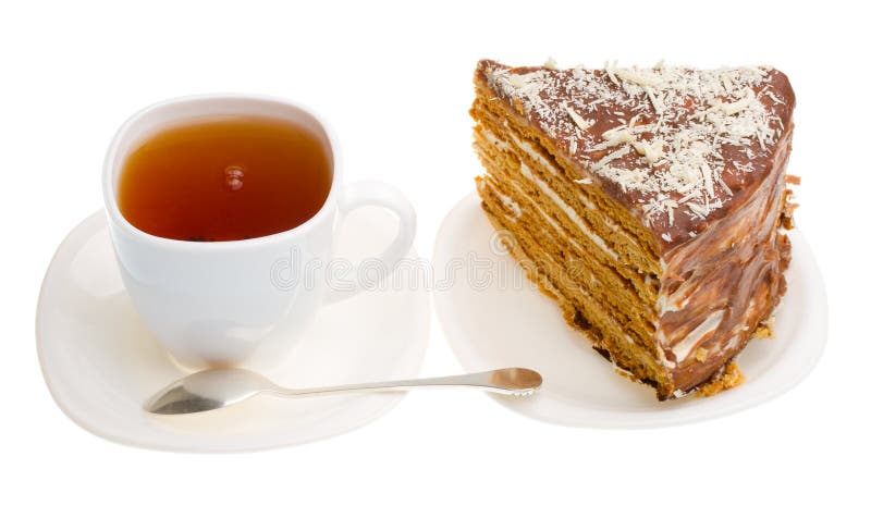 Tea cup and piece of home made honey cake
