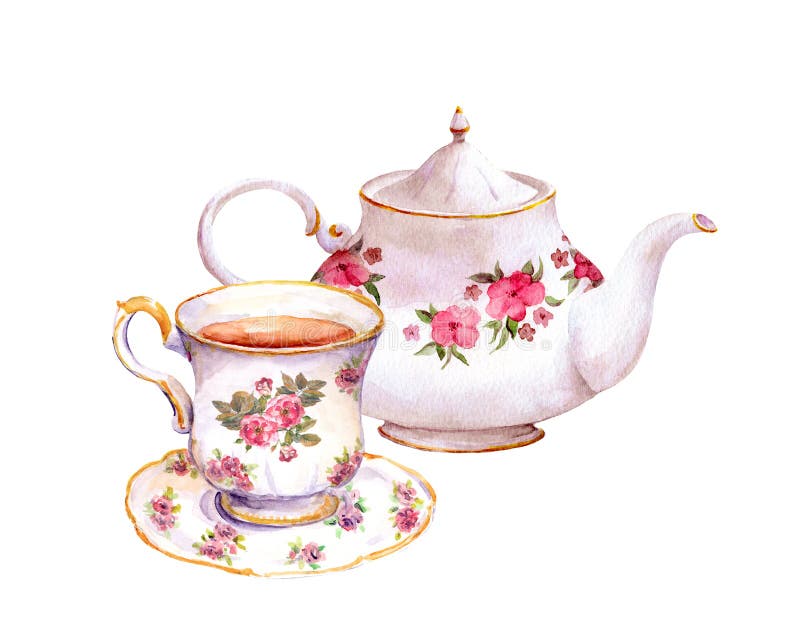 Tea cup and teapot with flowers. Watercolor