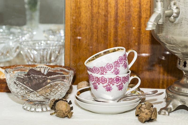 Tea Cups, Crystal Vase with Nuts and Chocolate Stock Image Image of bread, watercolor 130879253