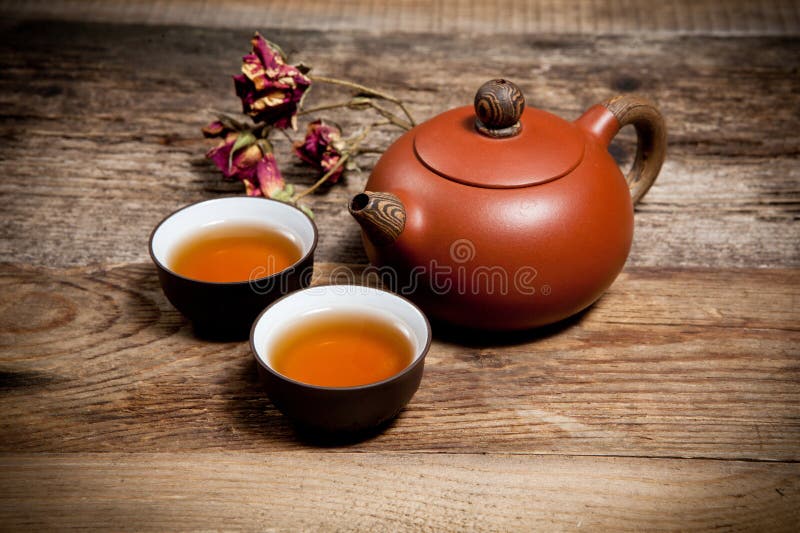 Tea Cups With Teapot On Old Wooden Table Stock Image Image of loam