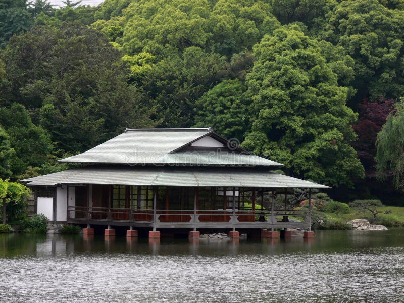 Japanese tea house at the banks of a lake