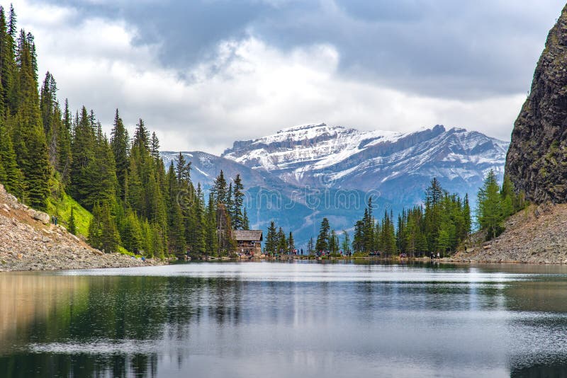 Tea house on the hiking trail at lake Louise with full of hiker around the world , Alberta, Canada