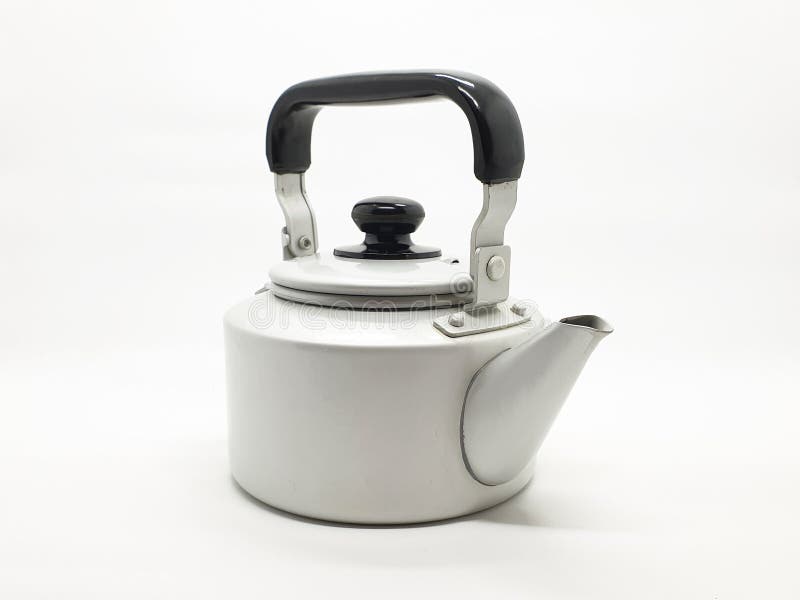 Tea kettle or teakettle is a type of pot specialized for boiling water with a lid, spout, and handle, or a small kitchen appliance of similar shape that functions in white isolated background for Home Appliances in Kitchen