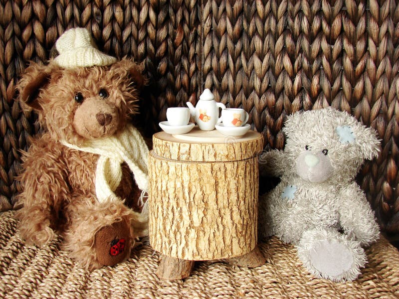 Dve teddy-nesie sedí pri stole so čaju-strany.