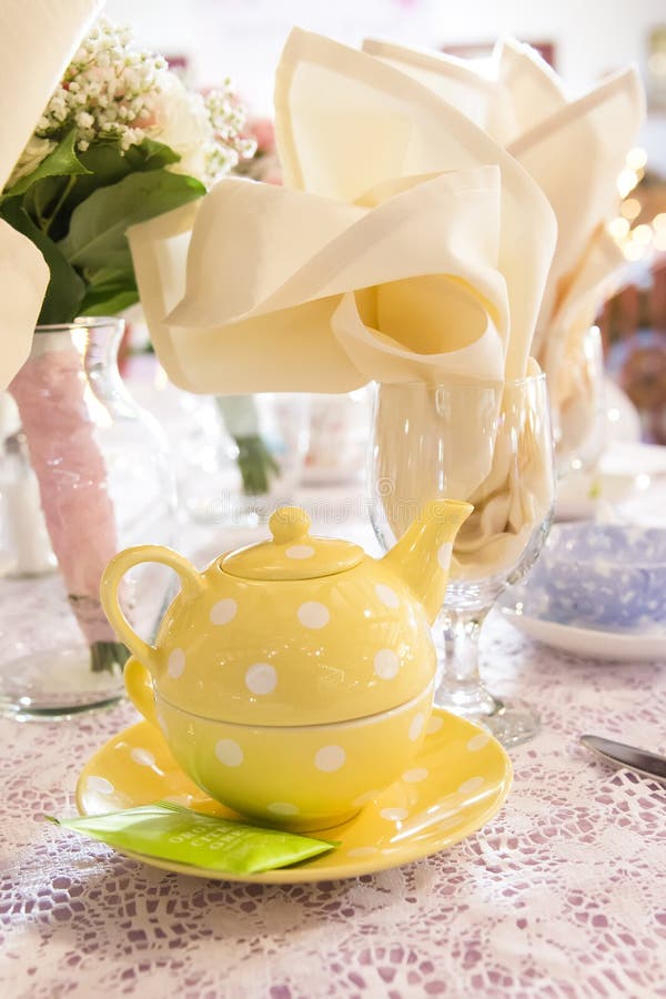 Tea Party Place Setting for Wedding Reception Tables Stock Photo