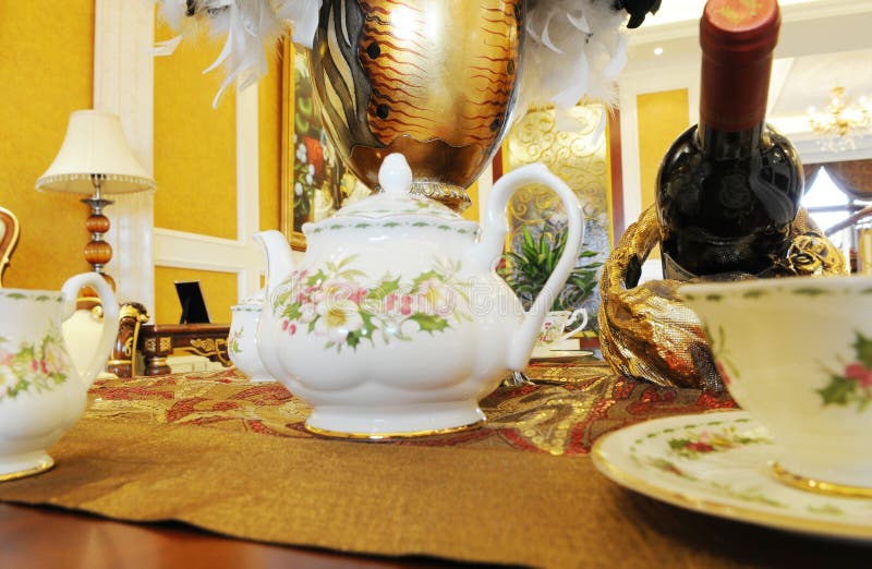 The Tea Pot on Dinner Table Stock Photo Image of wine, flower 7579300