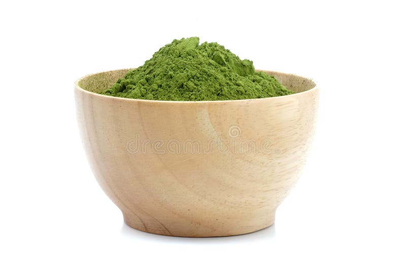 Tea powder in wood bowl on white background. stock photos Tea powder in wood bowl on white background. stock photos