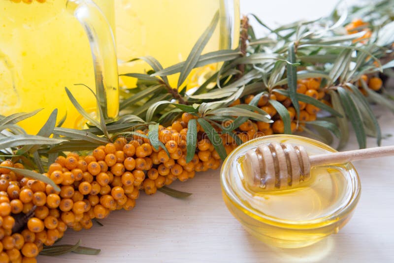 Tea with Sea Buckthorn and Honey on a Light Background. Stock Image
