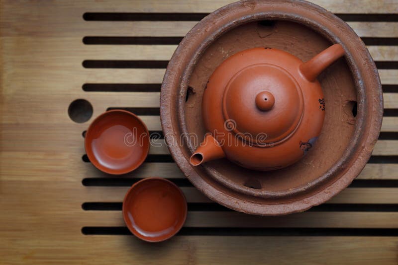 Tea set stock photo. Image of clay, saucer, cups, wood 15402674