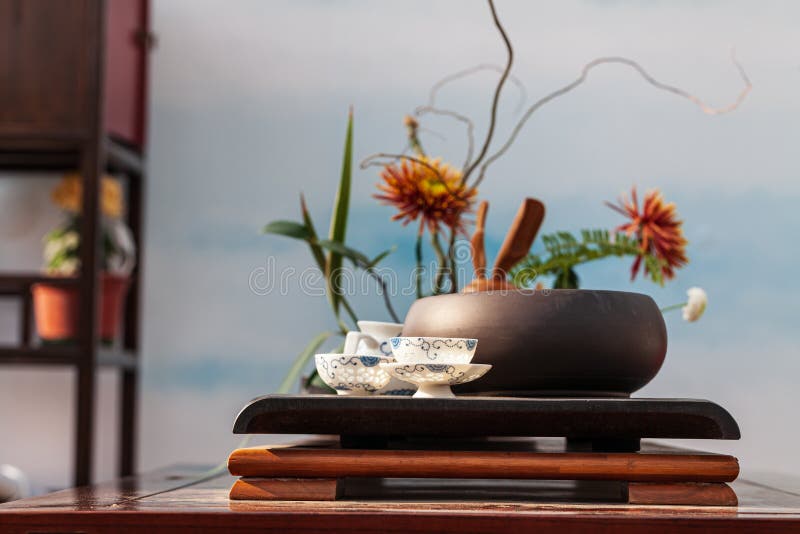 Tea Set on Chinese Style Table. Traditional Chinese Tea Preparation