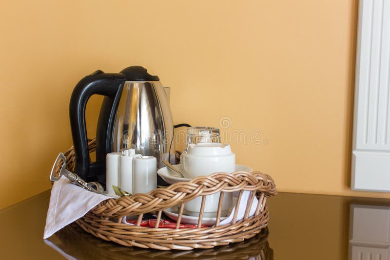 Tea Set in a Econom Hotel Room. Stock Photo Image of break, blanket