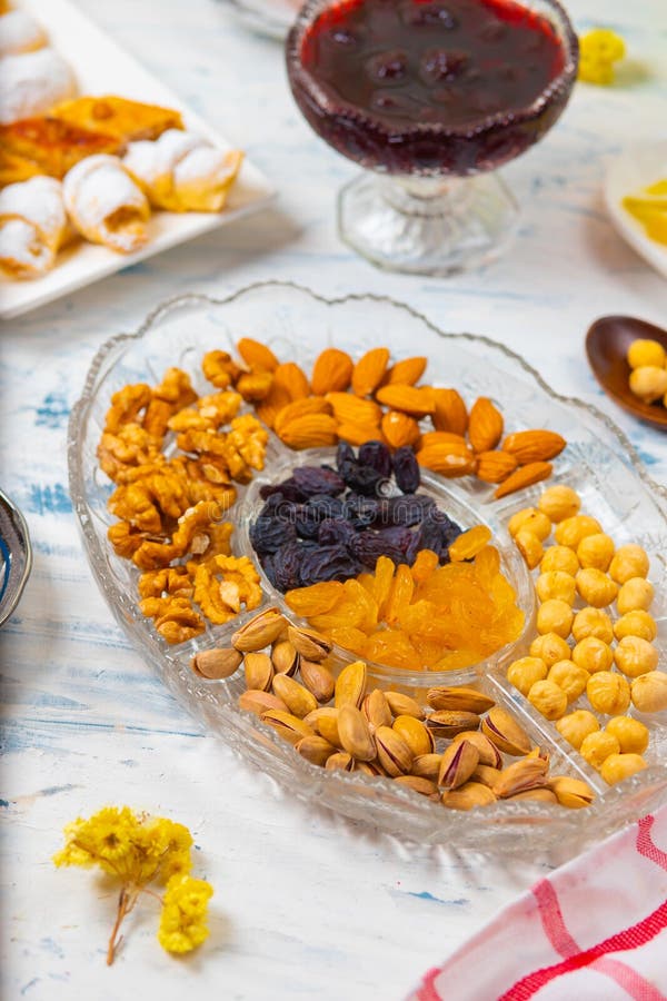 Tea Set with Varieties of Traditional Nuts. Stock Image Image of