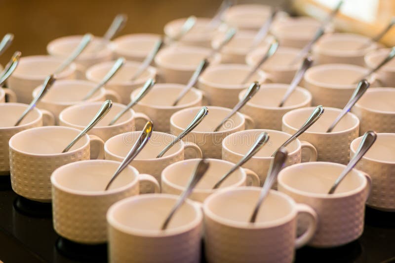 Tea Sets, Collection White Coffee Cups, Buffet, Catering,Plates Stock