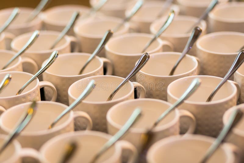Tea Sets, Collection White Coffee Cups, Buffet, Catering Stock Photo