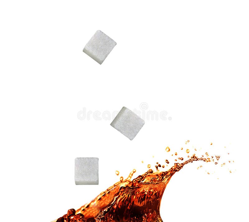 Tea splash with sugar cube isolated on white background