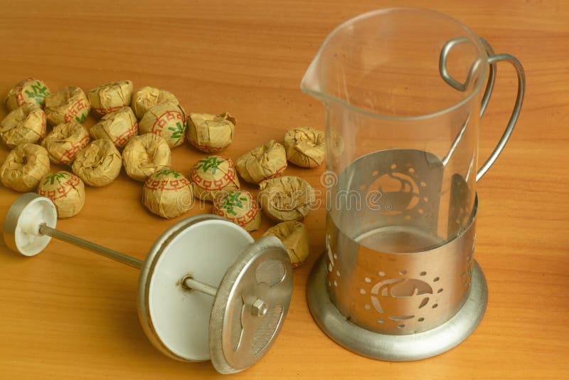 Tea Time Concept. Teapot with Herbal Tea Packs Top View Stock Image
