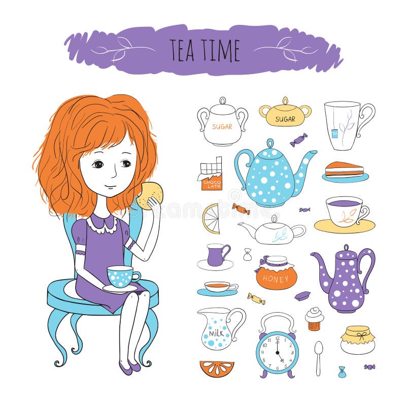 Tea time set. Sweet girl with tea and biscuits sitting on chair. Vector character and tea accessories drawn by hand in cartoon style. Tea time set. Sweet girl with tea and biscuits sitting on chair. Vector character and tea accessories drawn by hand in cartoon style.