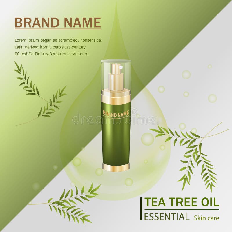 Tea Tree Oil Drop of Essential Oil. Cosmetic Background with Bottle Stock Illustration