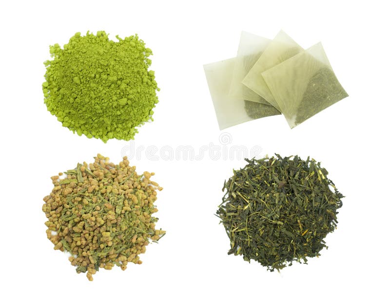 Teabag with green tea powder on white isolated background. Teabag with green tea powder on white isolated background.