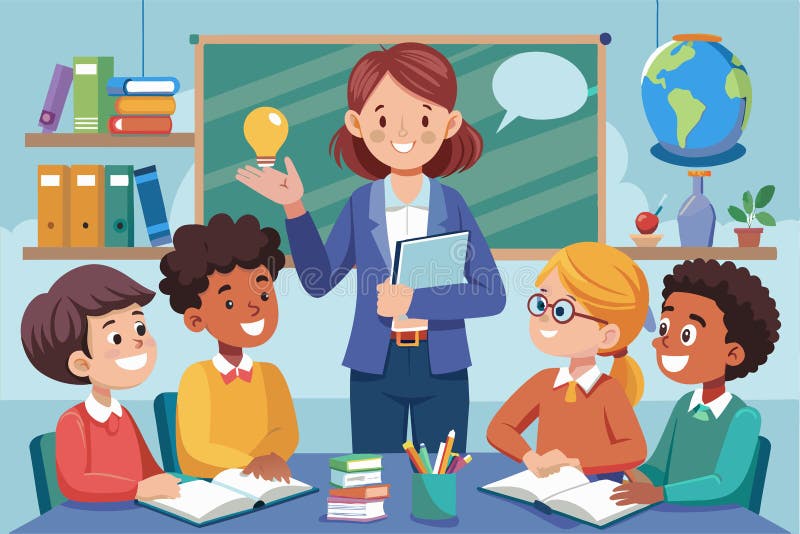 A teacher engages her students, sharing ideas and encouraging creativity in a lively classroom atmosphere filled with learning vector illustration