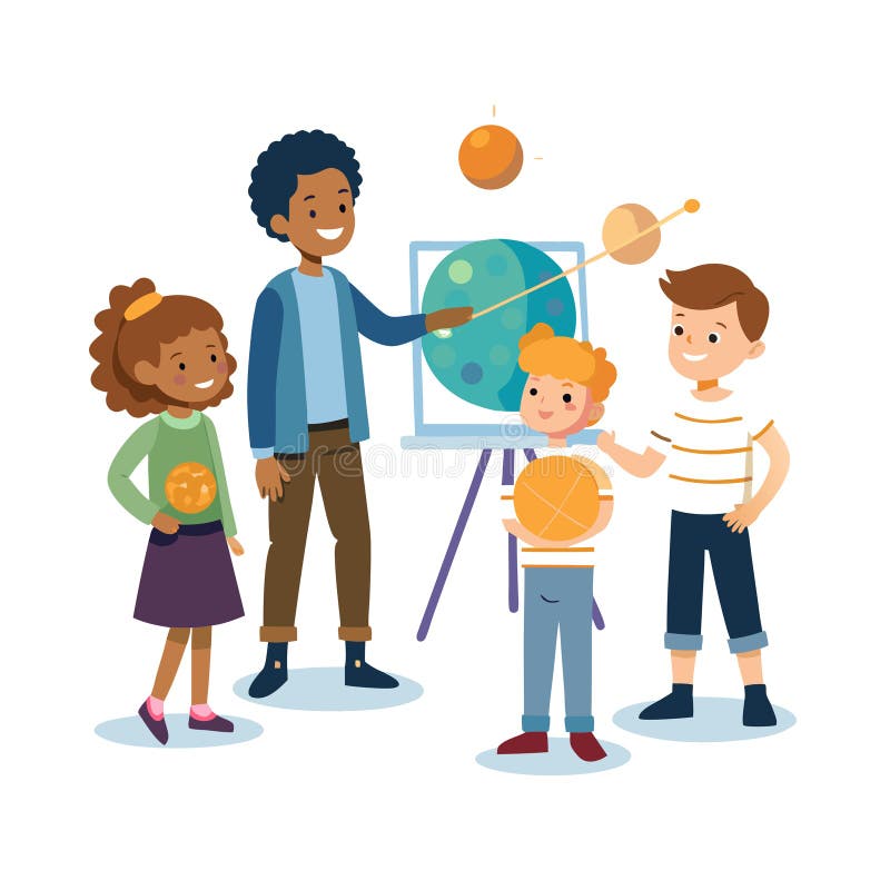 Educational illustration of a teacher explaining planets to students in a classroom stock illustration