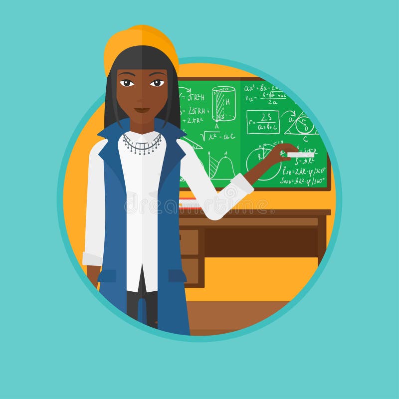 Teacher in Front of Blackboard with Chalk in Hand. Stock Vector