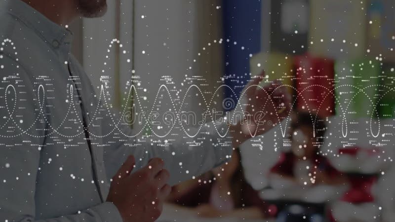 Teacher gesturing in science classroom, showing animated DNA double-helix overlay with particles stock video footage