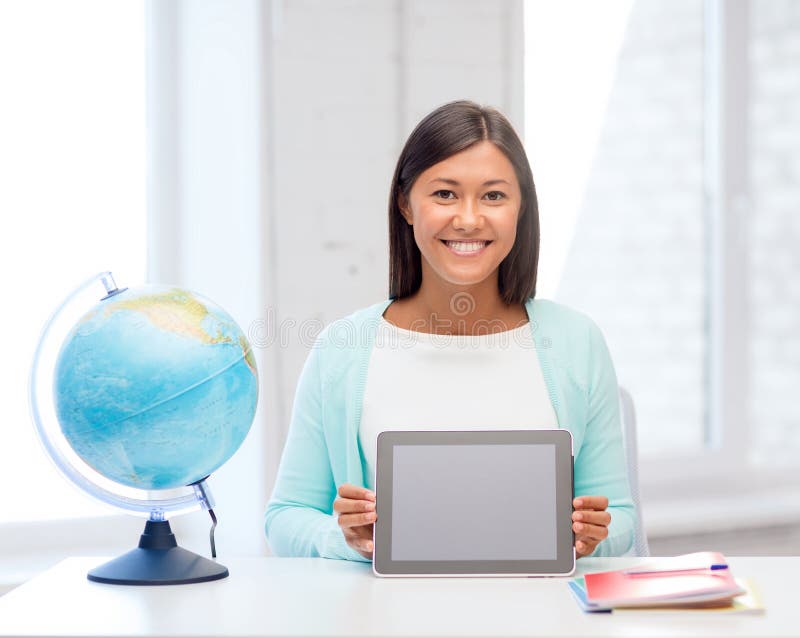 Teacher with globe and tablet pc at school royalty free stock images Teacher with globe and tablet pc at school royalty free stock images