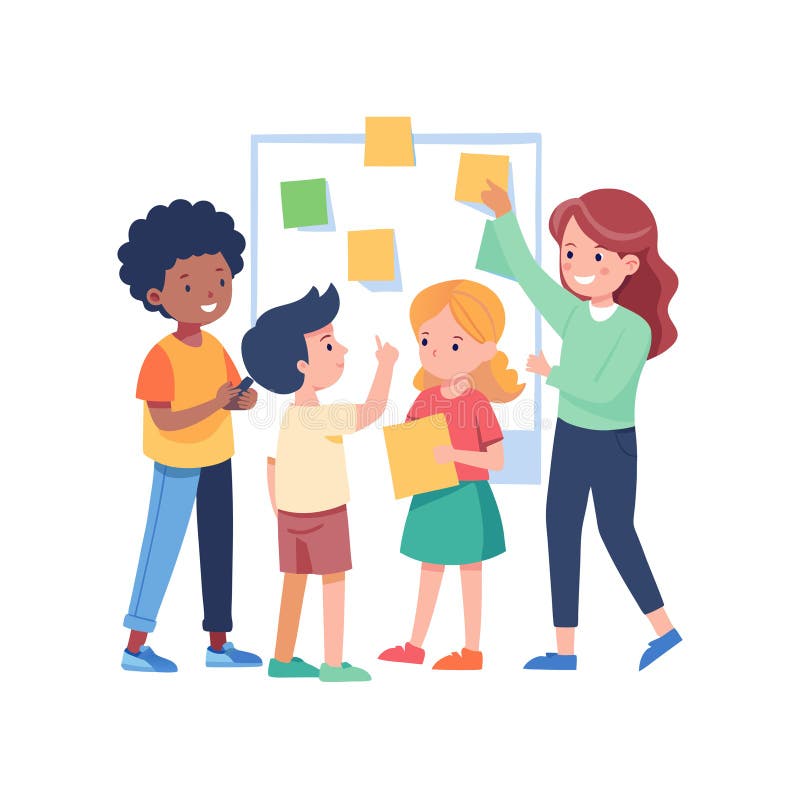 Teacher and Diverse Students Collaborating on Idea Board with Sticky Notes vector illustration
