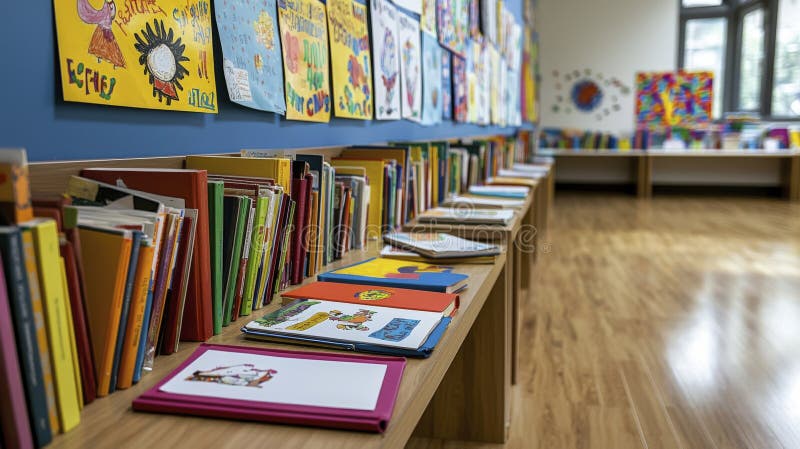 Teacher organizing colorful books in inviting classroom educational setting vibrant environment engaging viewpoint stock illustration