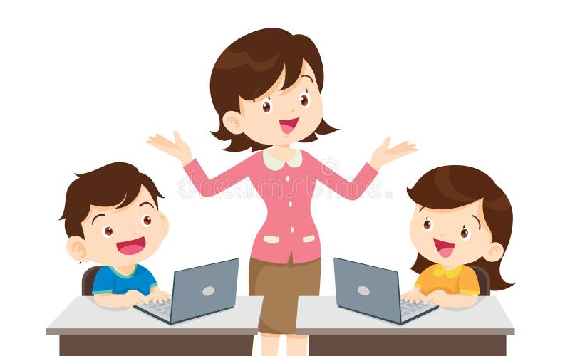 Teacher presenting computer learning and students boy ,girl sitting in class vector illustration
