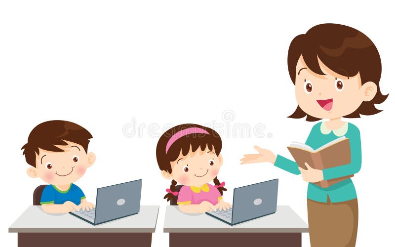 Teacher presenting computer learning and students boy,girl sitting in class vector illustration