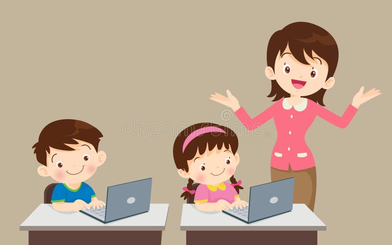 Teacher presenting computer learning and students boy ,girl sitting in class vector illustration
