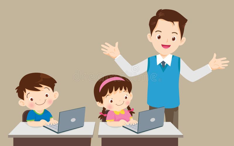 Teacher presenting computer learning and students boy,girl sitting in class vector illustration