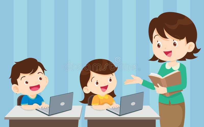 Teacher presenting computer learning and students boy ,girl sitting in class stock illustration