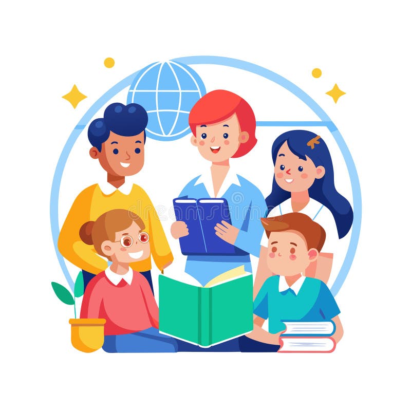 Teacher Reading With Students in Classroom Illustration for Education and Learning stock illustration
