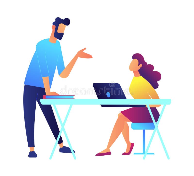 Teacher speaking and student listens sitting at the desk with laptop vector illustration. royalty free illustration