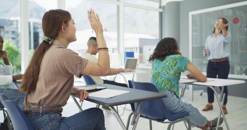 Teacher, student and question in classroom for answer, interaction or communication at school. Woman, lecturer and stock video footage