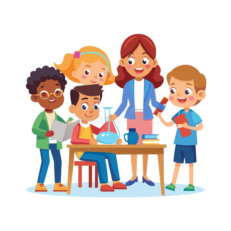 Teacher with Students Doing a Science Experiment, Class Learning, Education stock illustration