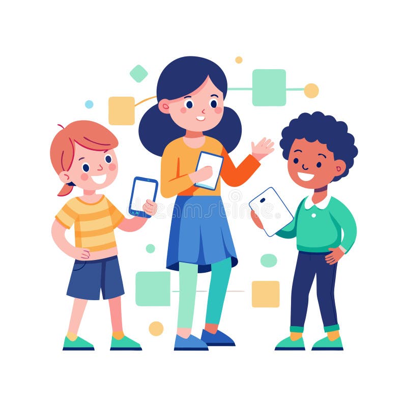 Teacher and Students Using Technology in Modern Flat Illustration Style vector illustration