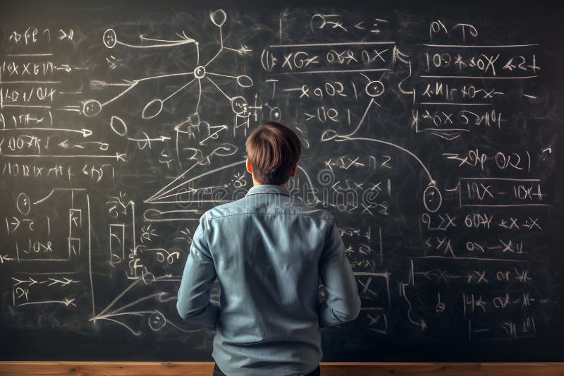 Teacher or university professor writing mathematics calculations on blackboard during class vector illustration