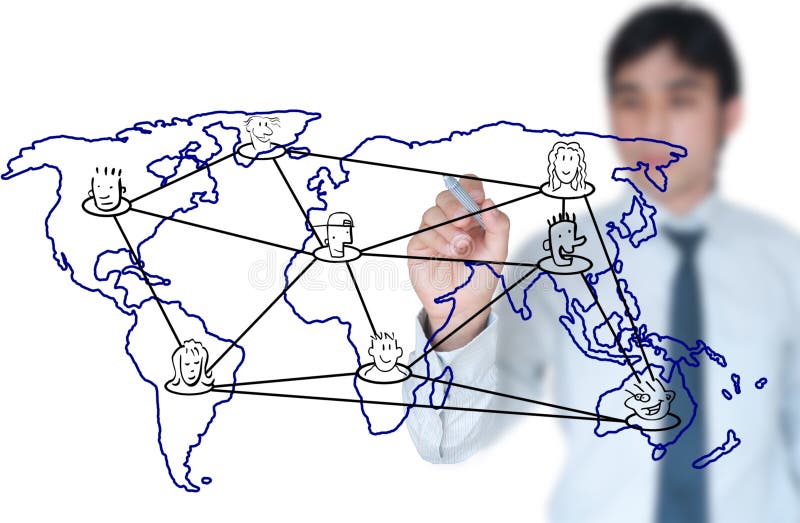 Teacher writing social network connection on world map. Global network connection map stock images, royalty-free photos and pictures