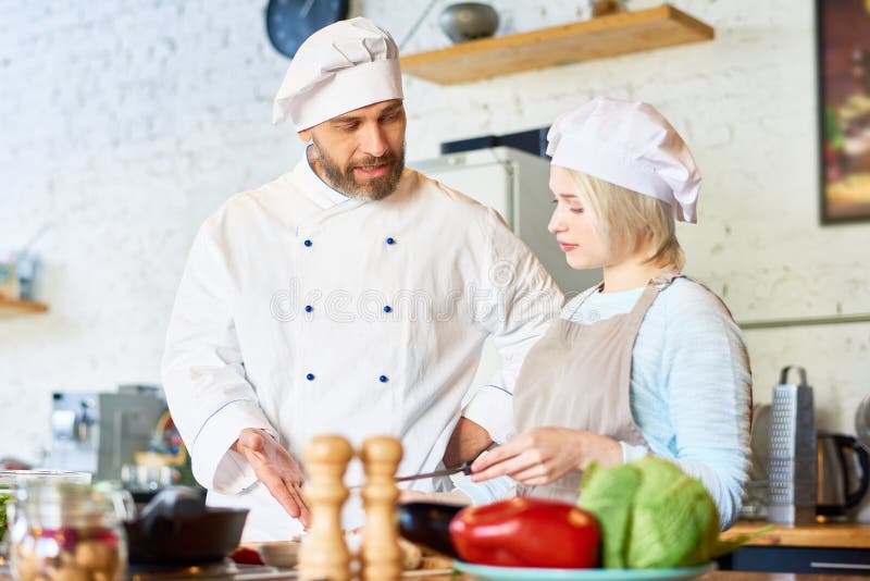 Cooking Class in Restaurant Kitchen Stock Image Image of table