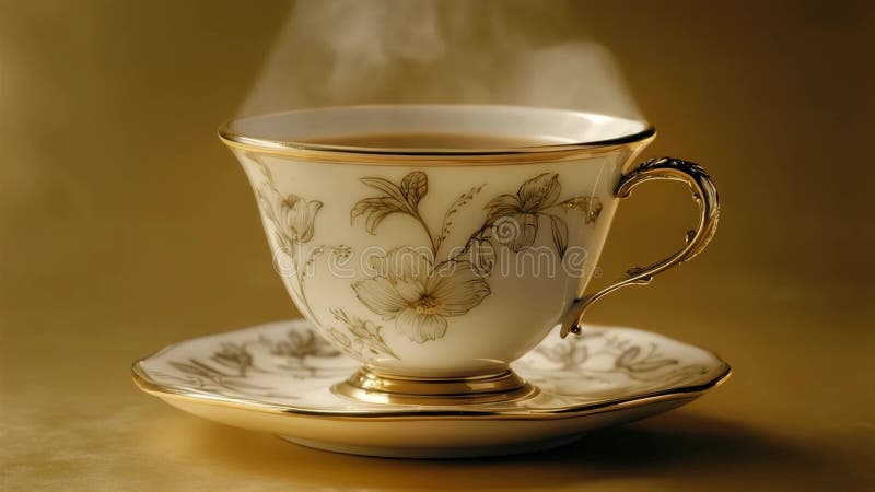 Teacup élégant avec finition or et pourriture café dans la lumière douce illustration de vecteur