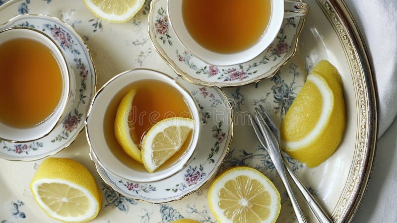 Teacups bandeja de limón Té de la tarde de flores relajante comida doméstica bebida aérea fotos de archivo