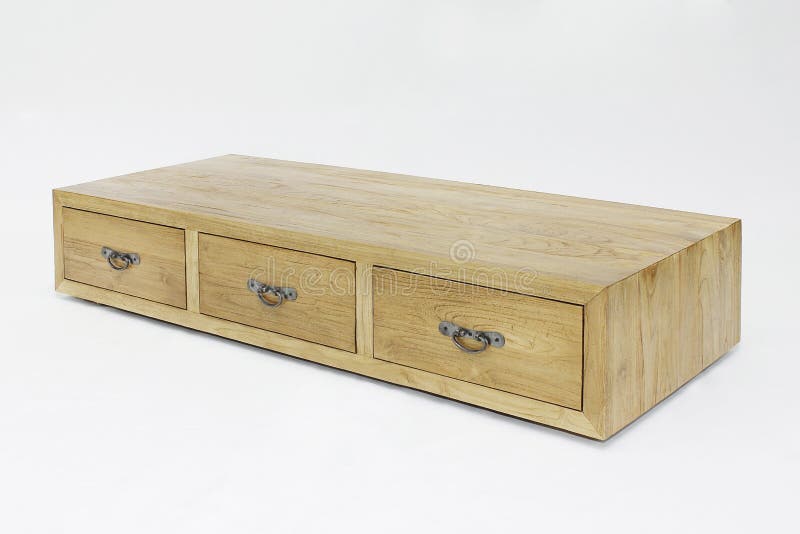 Teak Long Shelves with 3 Drawers Isolated in White Background Stock