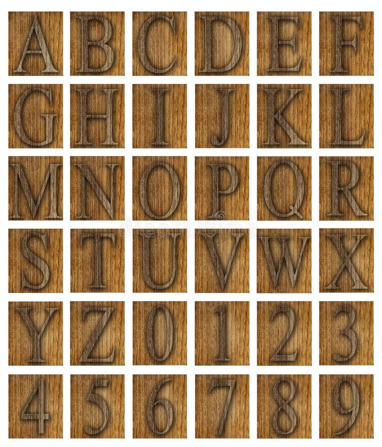 Teak wood alphabet blocks with letters and numbers.