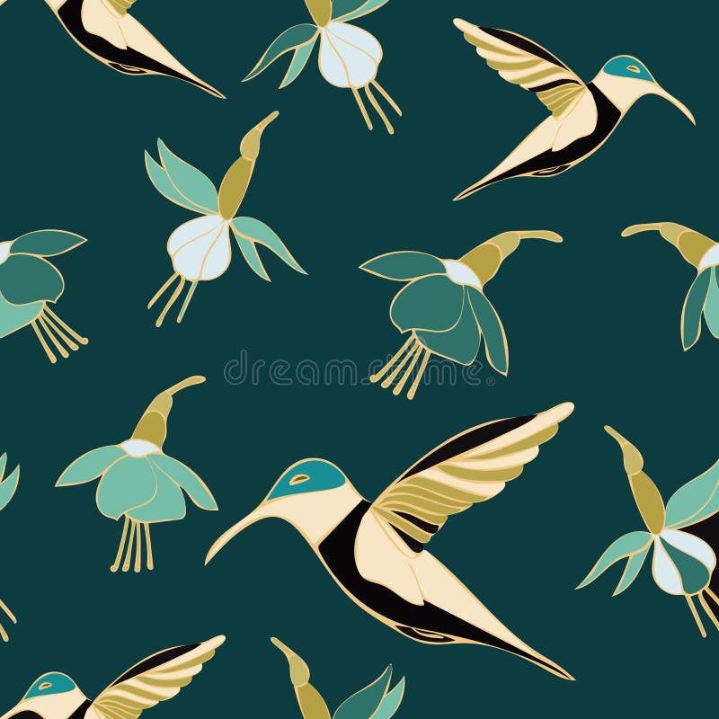 Teal Hummingbird Floral Seamless Repeat modellvektor vektor illustrationer Teal Hummingbird Floral Seamless Repeat modellvektor vektor illustrationer