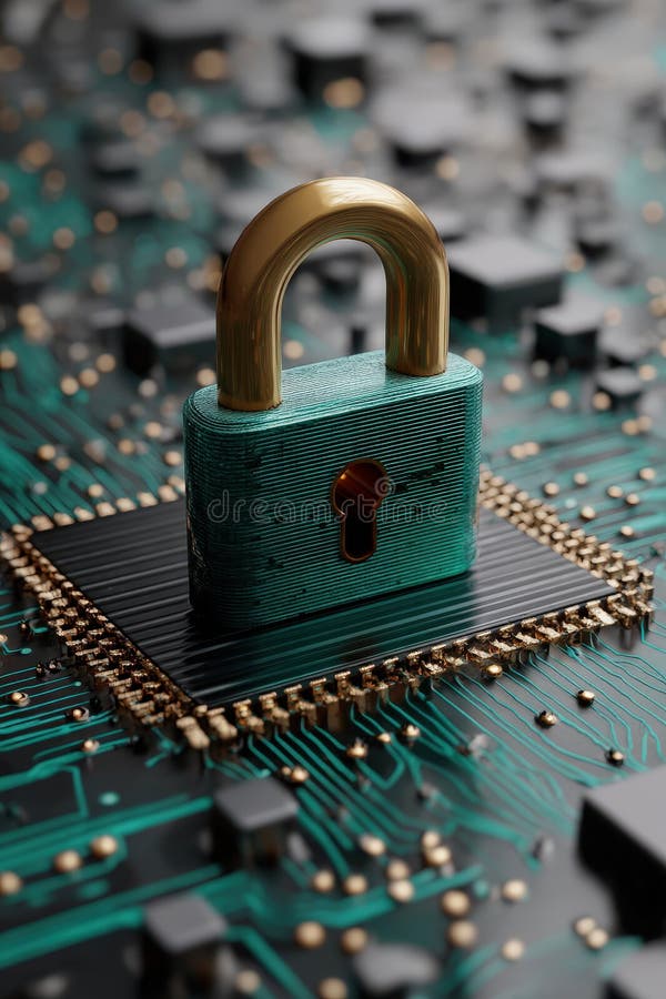 Teal padlock on a detailed electronic circuit board, symbol of digital security and encryption. royalty free stock photo